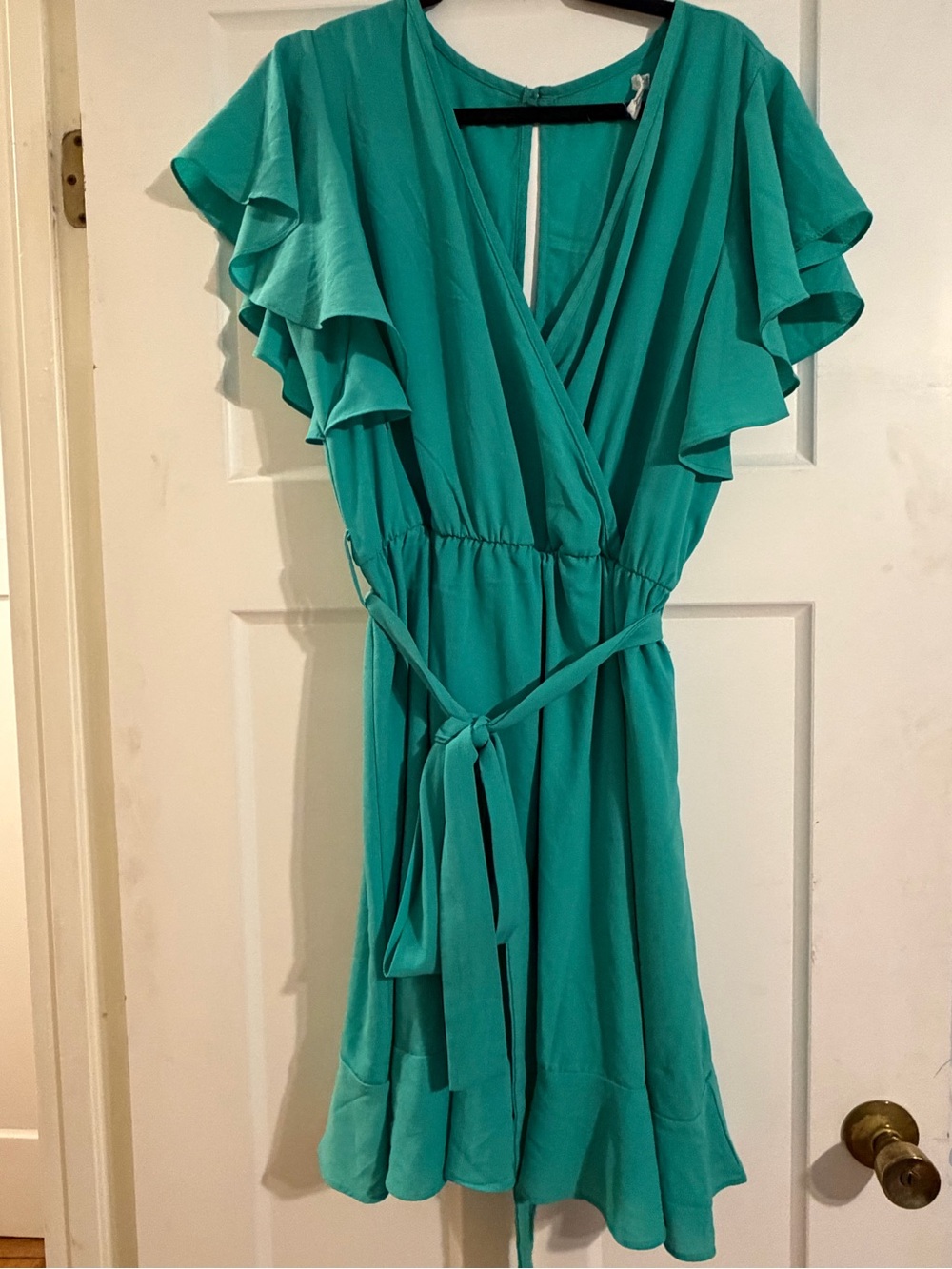 Chic Soul Teal Wrap Midi Dress with Flutter Sleeves